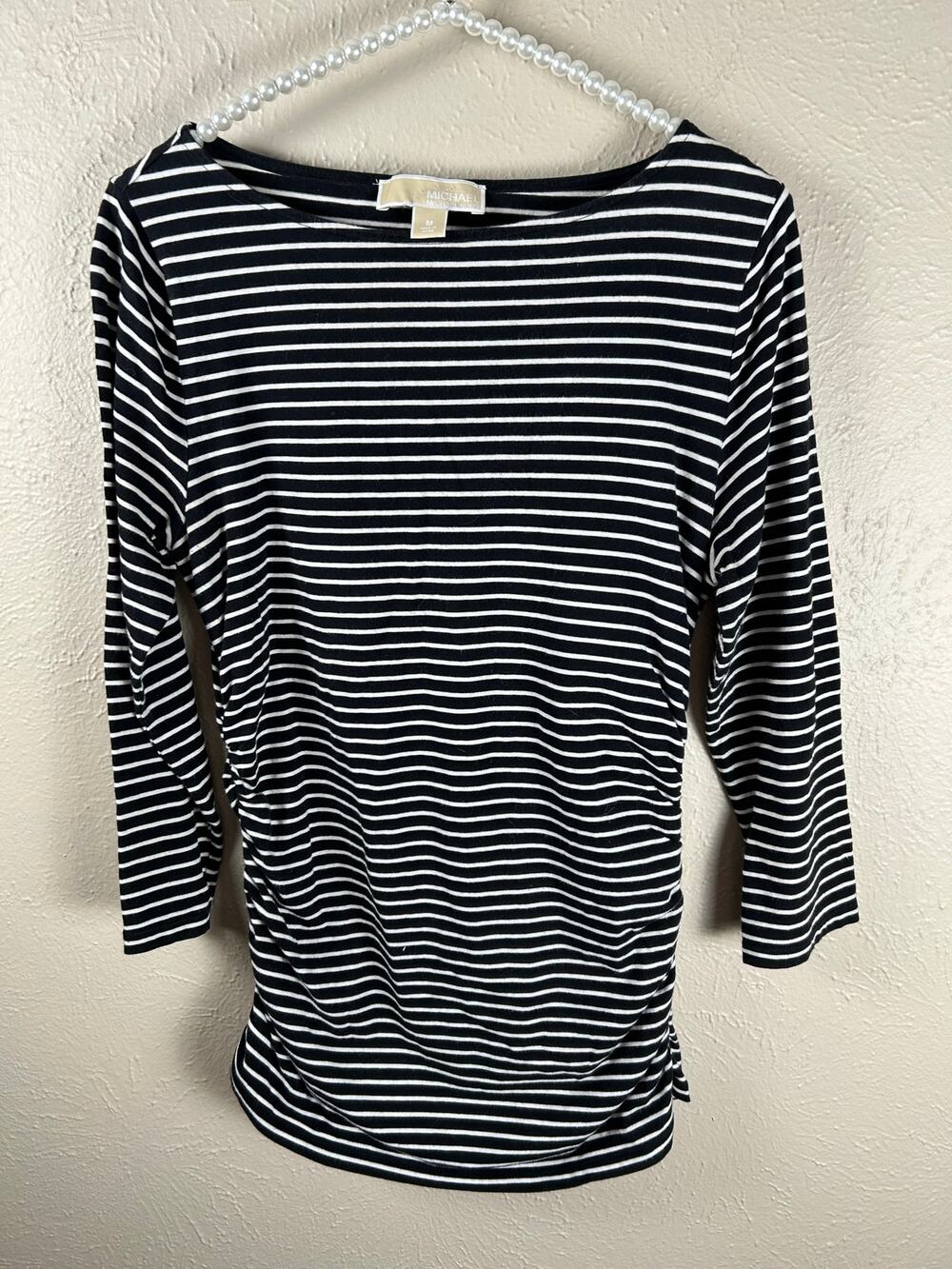 Michael Kors Striped Ruched Shirt Women's Size Medium Preppy Classic Blouse Top